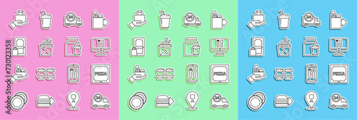 Set line Fast delivery by car, Pizza in cardboard box, Online ordering and, Asian noodles chopsticks, and icon. Vector