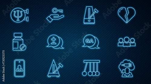 Set line Addiction to the drug, Users group, Metronome with pendulum, Graves funeral sorrow, Sedative pills, Psychology, Psi, Question and Answer and Solution problem icon. Vector