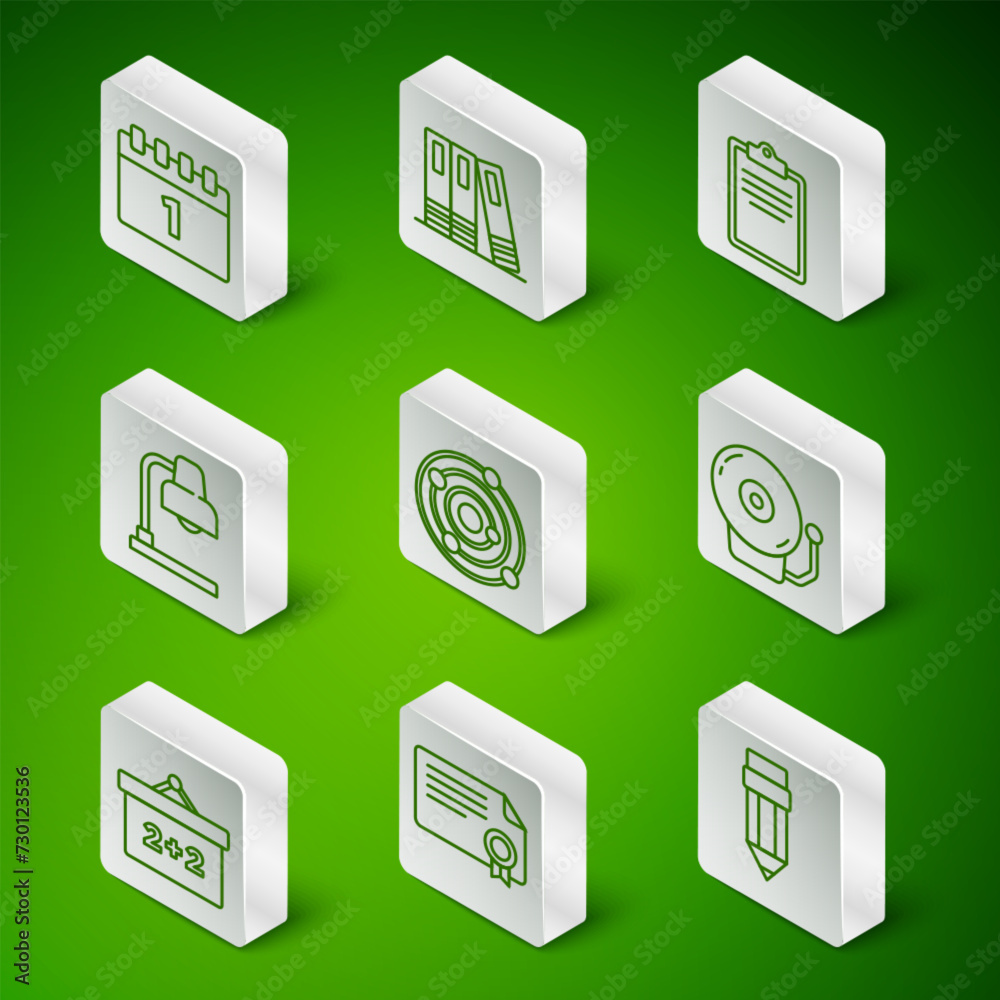 Set line Pencil with eraser, Certificate template, Calendar first september date, Solar system, Table lamp, Office folders, Chalkboard and Ringing alarm bell icon. Vector Set line Pencil with eraser, Certificate template, Calendar first september date, Solar system, Table lamp, Office folders, Chalkboard and Ringing alarm bell icon. Vector