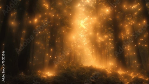 Fairytale magical forest, glowing fireflies lights in the thicket at night photo