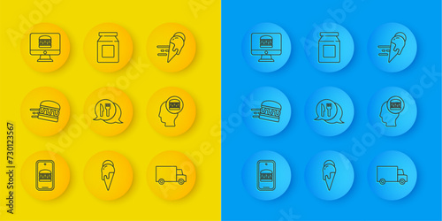 Set line Online ordering and delivery, burger, Cafe restaurant location, Fast by car, ice cream and icon. Vector