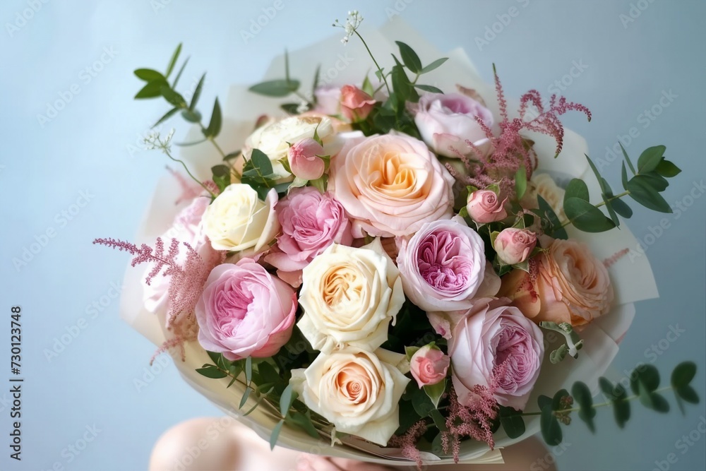Woman with bouquet of beautiful roses on light blue background, closeup. generative ai. Woman with bouquet of beautiful roses on light blue background, closeup. generative ai.
