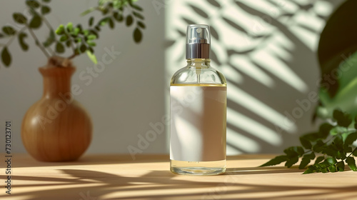 Blank perfume bottle mockup with palm leaves on the background
