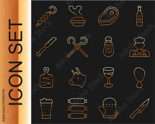 Set line Meat chopper, Chicken leg, Cook, Steak meat, BBQ skewers, Bread knife, Grilled shish kebab and Pepper icon. Vector