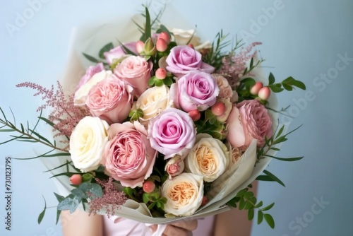 Woman with bouquet of beautiful roses on light blue background  closeup. generative ai.