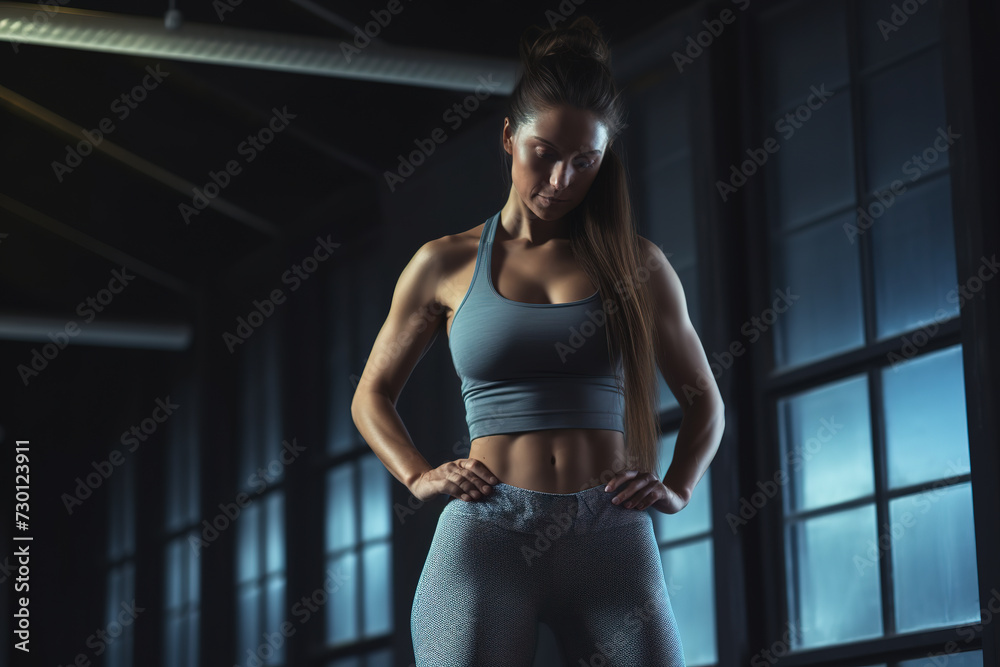 Fitness woman with visible abdominal muscles looking down, taking a break, resting after training in gym.