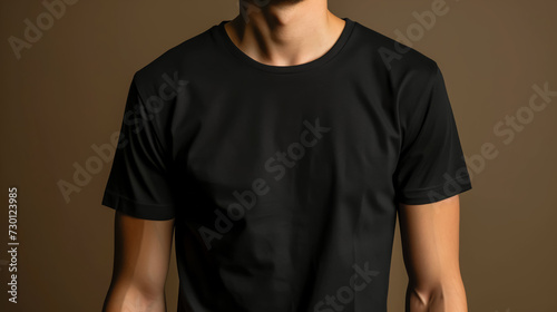 Blank black t-shirt on man, clothing mockup, beown background