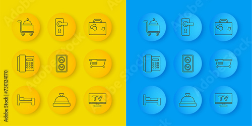 Set line Hotel room bed, Telephone handset, Lift, Smart Tv, Bathtub, Covered with tray, Suitcase and Door handle icon. Vector