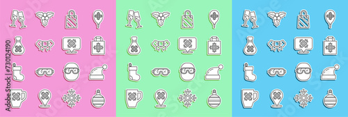 Set line Christmas ball, Santa Claus hat, shopping bag, Bow tie, gift, Glass of champagne and Snowflake speech bubble icon. Vector