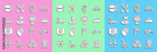 Set line Golf ball on tee, Mountains, bag with clubs, hole flag, sport and Award cup golf icon. Vector