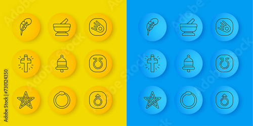 Set line Pentagram, Christian cross, Ringing alarm bell, Mars, Life, Feather pen, Comet falling down fast and Mortar and pestle icon. Vector