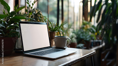 Laptop on the table mockup with blank white screen