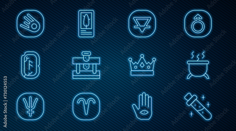 Set line Bottle with potion, Witch cauldron, Earth element, Magic runes, Comet falling down fast, King crown and Tarot cards icon. Vector Set line Bottle with potion, Witch cauldron, Earth element, Magic runes, Comet falling down fast, King crown and Tarot cards icon. Vector