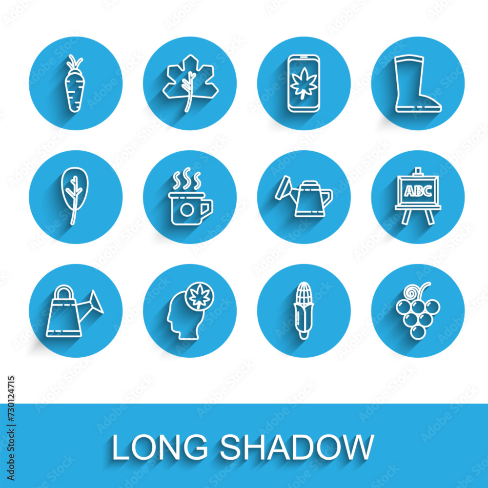 Set line Watering can, Human head with leaf, Carrot, Corn, Grape fruit, Cup of tea, Chalkboard and icon. Vector Set line Watering can, Human head with leaf, Carrot, Corn, Grape fruit, Cup of tea, Chalkboard and icon. Vector