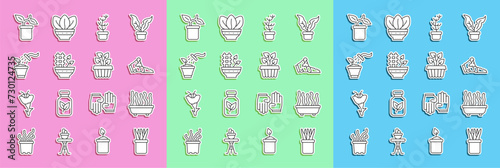 Set line Plant in pot, Broken, Exotic tropical plant, Spraying, and Indoor ivy icon. Vector