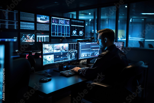 Male security guard monitoring CCTV cameras in a surveillance room. photo