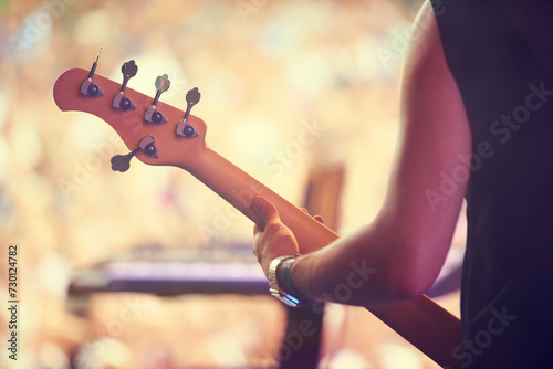 Quadro em tela Man, festival and guitar at stage for concert, performance and back view in Amsterdam