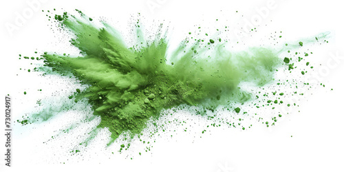 green splash painting on white background, green powder dust paint green explosion explode burst isolated splatter abstract. green smoke or fog particles explosive special effect