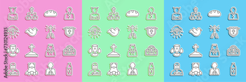 Set line Holy water bottle, Stained glass, Flag with christian cross, Bread loaf, Dove, Religious circle, Krampus, heck and Hands praying position icon. Vector photo
