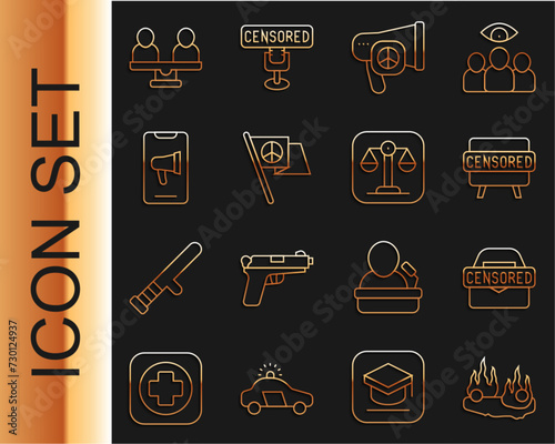 Set line Burning car, Censored stamp, Peace, Protest, Gender equality and Scales of justice icon. Vector