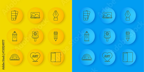 Set line Protractor, Paint spray can, Spray nozzle cap, Paper towel roll, Pencil with eraser, Palette, Fountain pen nib and Laptop icon. Vector