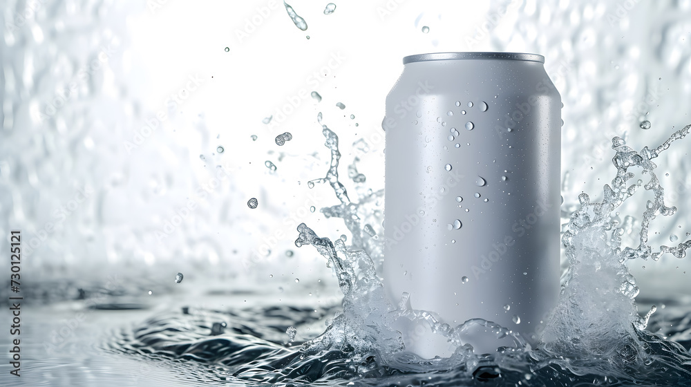 Blank white soda can mockup with water splashes around