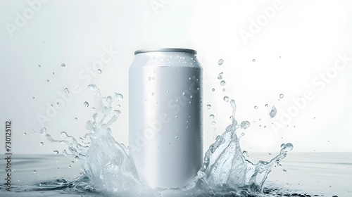 Blank white soda can mockup with water splashes around