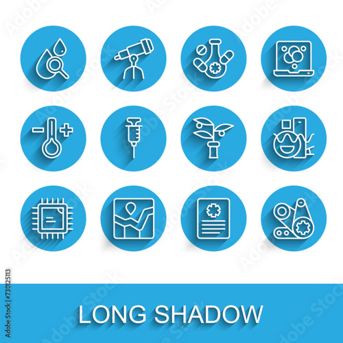 Set line Processor CPU, Graph chart infographic, Drop and magnifying glass, Patient record, Timing belt kit, Syringe, Basic geometric shapes and Plant breeding icon. Vector