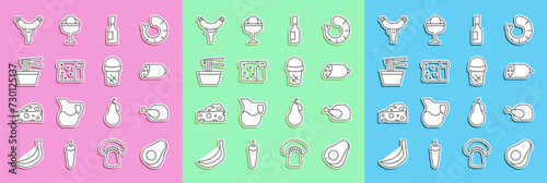 Set line Avocado fruit, Roasted turkey or chicken, Salami sausage, Tabasco sauce, Bread toast, Asian noodles in bowl, Sausage on the fork and Ice cream waffle icon. Vector