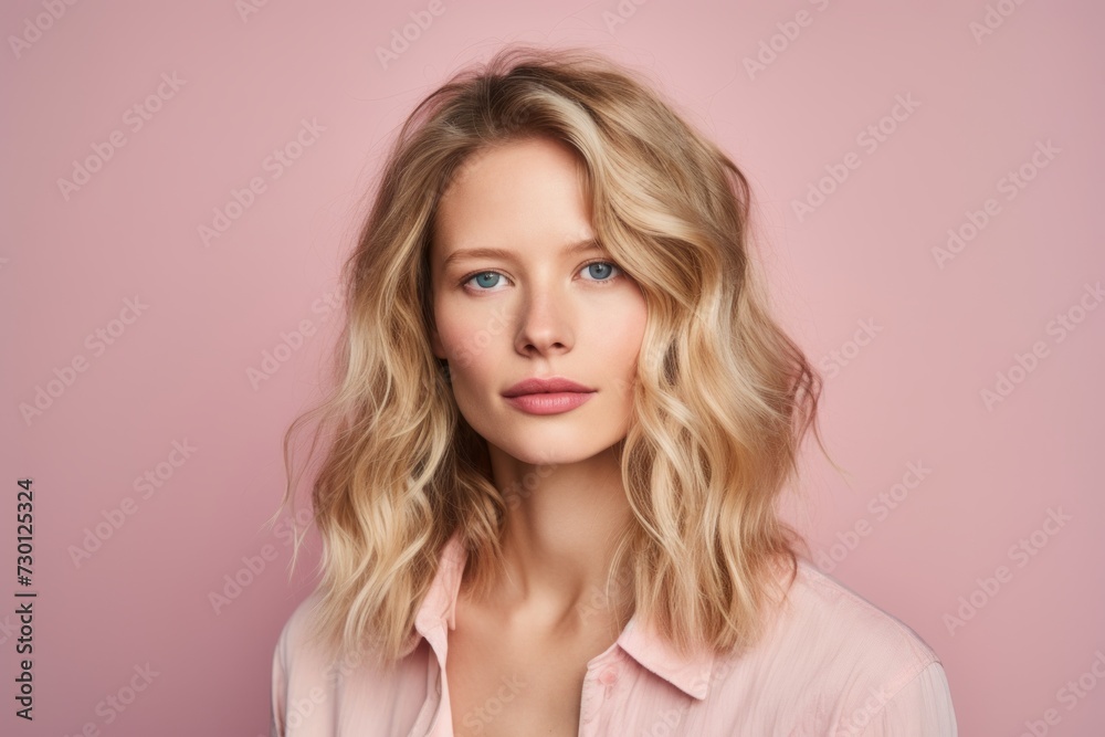 Portrait of a beautiful young woman with blond hair on a pink background Portrait of a beautiful young woman with blond hair on a pink background