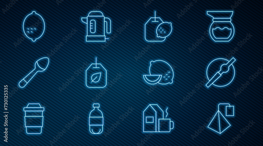Set line Tea bag, Cigarette, with lemon, leaf, Teaspoon, Lemon, and Electric kettle icon. Vector Set line Tea bag, Cigarette, with lemon, leaf, Teaspoon, Lemon, and Electric kettle icon. Vector