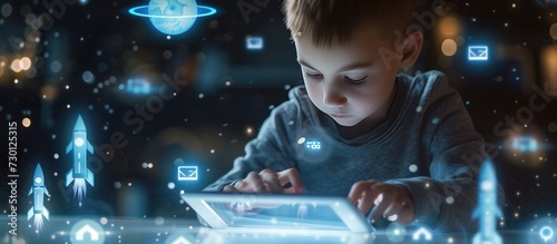 Boy using digital tablet for future opportunities and education concept. AI generated image photo