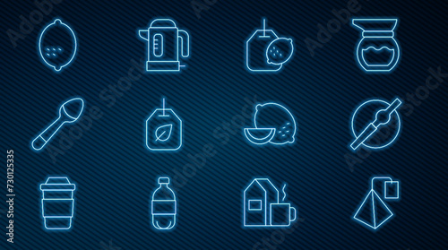 Set line Tea bag, Cigarette, with lemon, leaf, Teaspoon, Lemon, and Electric kettle icon. Vector