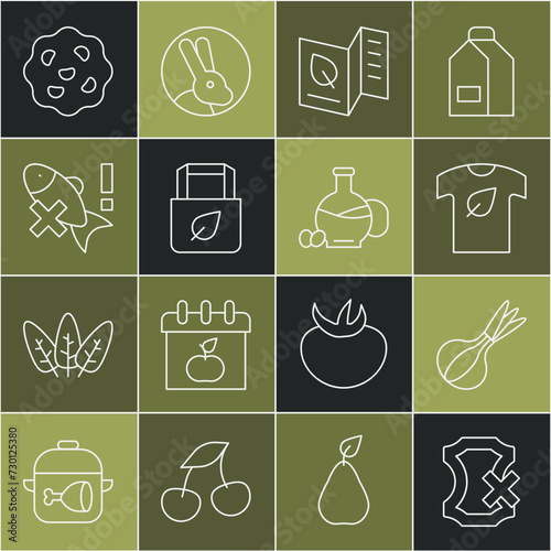 Set line No leather, Onion, Vegan shirt, Vegetarian food menu, Shopping bag with recycle, fish, Cookie or biscuit and Bottle of olive oil icon. Vector