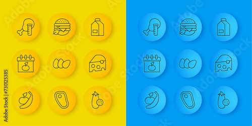 Set line Apple and banana, World Vegetarian day, Chicken egg, Eggplant, Cheese, Genetically modified chicken, Paper package for milk and Vegan food diet icon. Vector
