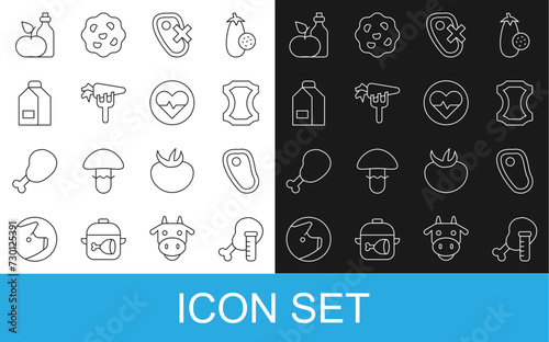 Set line Genetically modified chicken, Steak meat, Leather, No, Carrot, Paper package for milk, Apple cider vinegar in bottle and Heart rate icon. Vector