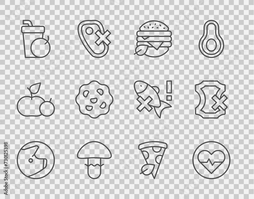 Set line Pig, Heart rate, Vegan food diet, Mushroom, Fresh smoothie, Cookie or biscuit, pizza slice and No leather icon. Vector