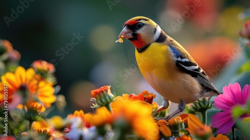 Foto Surrounded by the bright hues of yellow spring flowers, a colorful hawfinch deli