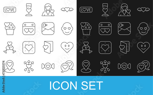 Set line Heart in speech bubble, Romantic man, girl, Calendar with heart, Wedding cake, Love text and Envelope Valentine icon. Vector