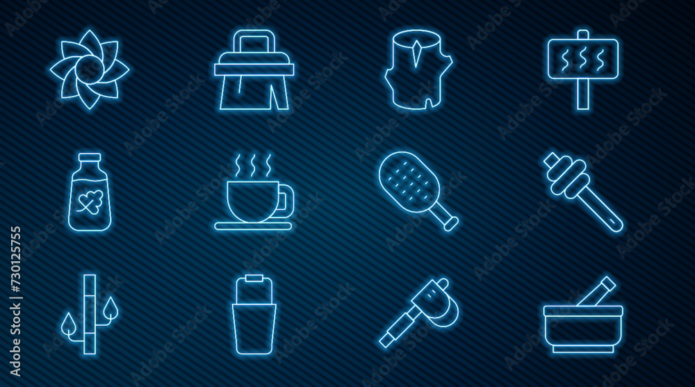 Set line Mortar and pestle, Honey dipper stick, Wooden log, Cup of tea, Essential oil bottle, Flower, Sauna brush and icon. Vector Set line Mortar and pestle, Honey dipper stick, Wooden log, Cup of tea, Essential oil bottle, Flower, Sauna brush and icon. Vector
