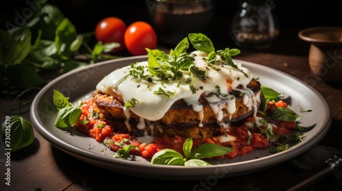 Eggplant Parmesan with Fresh Basil. Best For Banner, Flyer, and Poster