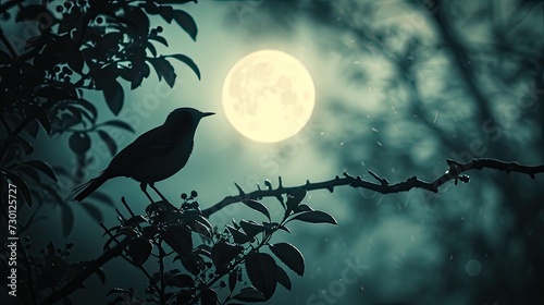 Against the backdrop of a setting sun's warm glow, the silhouette of a songbird perched on a branch serenades the evening with its sweet melody, bringing a sense of peace and calm to the surroundings photo