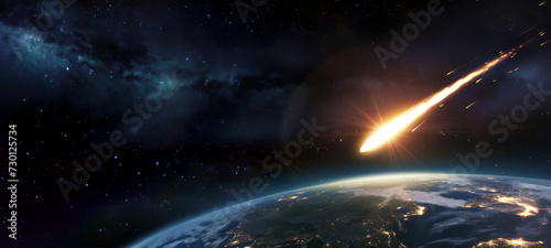 Meteor approaching Earth in space  the meteorite is approaching the planet  Burning exploding asteroids from deep space are planet Earth