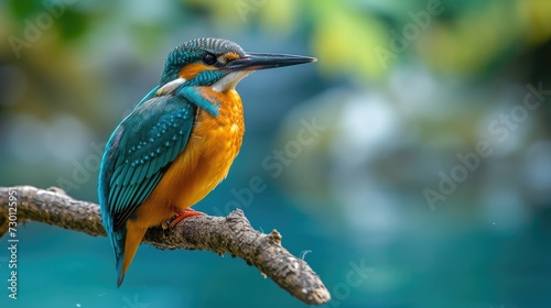 A colorful kingfisher sits on a branch, its vivid plumage standing out against the soft-focus background of green foliage and water.