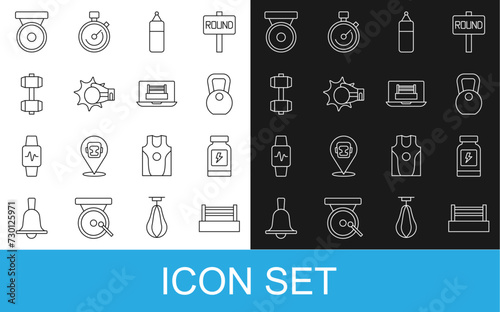 Set line Boxing ring, Energy drink, Weight, Punching bag, boxing glove, Dumbbell, gong and icon. Vector