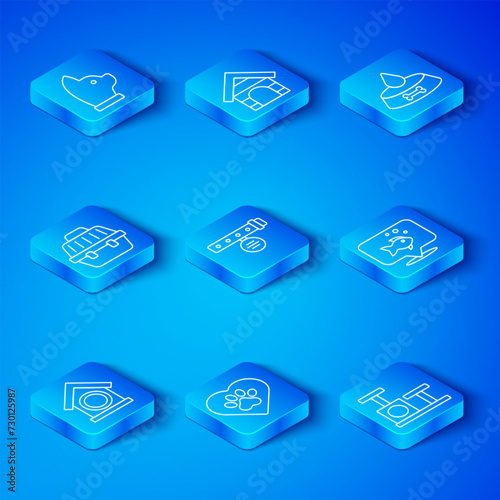 Set line Dog house, Collar with name tag, Heart animals footprint, Fish, Pet food bowl for cat or dog, carry case, Cat and scratching post toy icon. Vector