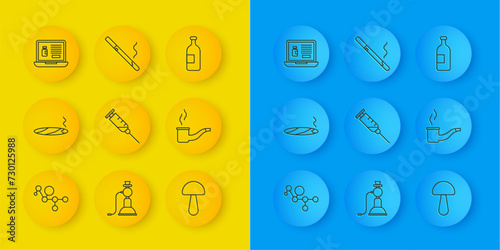 Set line Cannabis molecule, Cigar with smoke, Syringe, Psilocybin mushroom, Smoking pipe, Buying drugs online on laptop, Alcohol drink bottle and Cigarette icon. Vector
