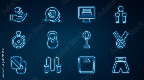 Set line Boxing short, Medal, ring, Weight, Stopwatch, glove, Punching bag and helmet icon. Vector