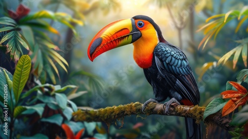 Perched among the lush foliage of a dense tropical rainforest  a vividly colored toucan with a striking beak adds a burst of color to the vibrant canopy  showcasing the rich biodiversity of the jungle