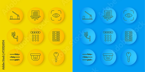Set line Barbed wire, Security camera, Password protection, Key, Server, Data, Web Hosting, Parking car barrier, Eye scan and Paper shredder icon. Vector